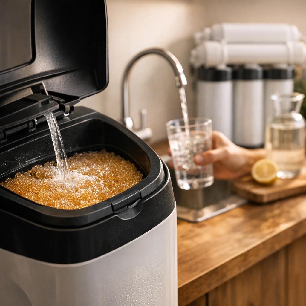 Technicien GW Traitement de l'Eau installant un système de filtration à domicile